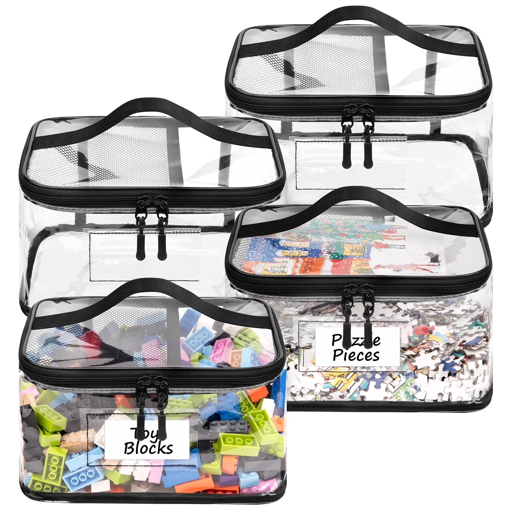 4 Pack Clear Toy Storage Bags with Name Tag, Totes for Doll Storage, Reusable Toy Organizer for Lego Bricks, Board Games, Building