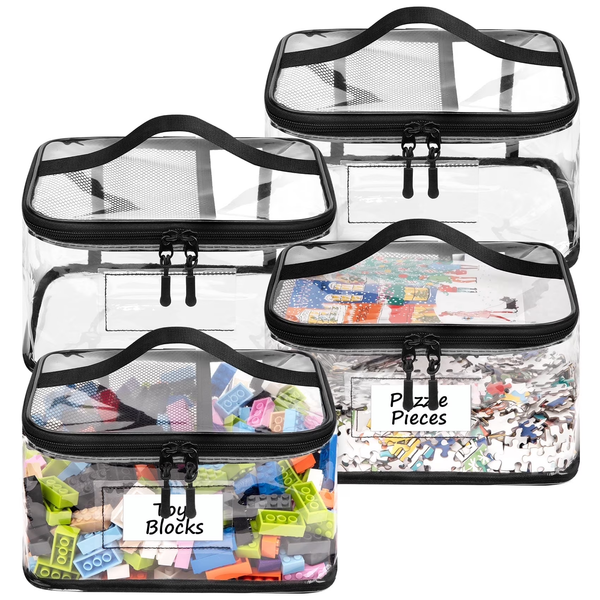 4 Pack Clear Toy Storage Bags with Name Tag, Totes for Doll Storage, Reusable Toy Organizer for Lego Bricks, Board Games, Building
