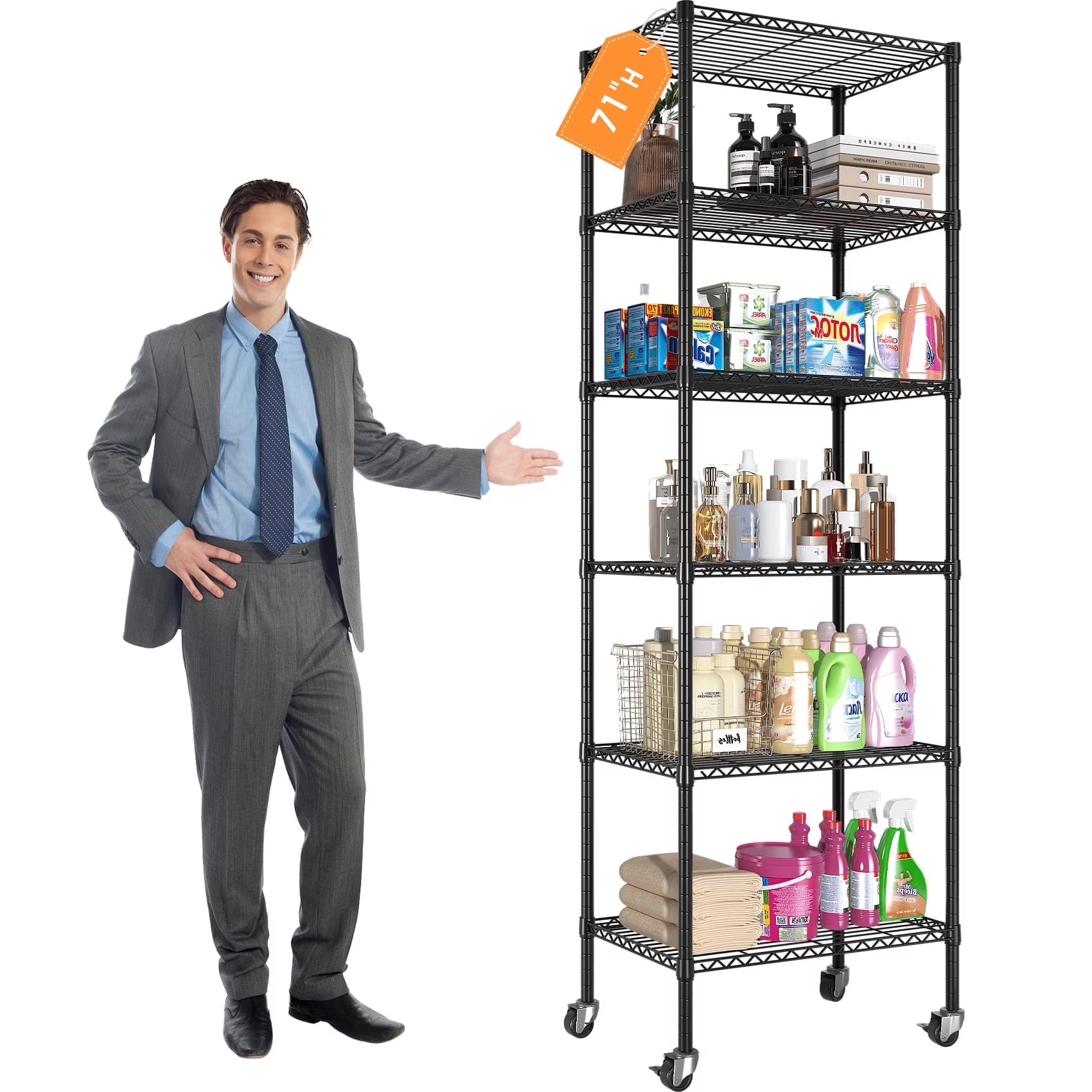 6-Tier Adjustable Wire Shelving Unit on Wheels, 750lbs Capacity - Powder-Coated Carbon Steel Heavy Duty Metal Shelves, Rolling Storage Shelves for Garage, Closet & Kitchen 24"W x 14"D
