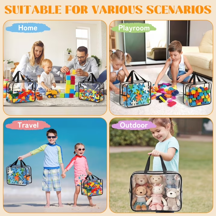 6 Pack Clear Toy Storage Bags with Zipper and Handle, Reusable Totes for Stuffed Storage, Portable Toy Organizer for Lego Bricks, Board Games, Building Blocks, Puzzles