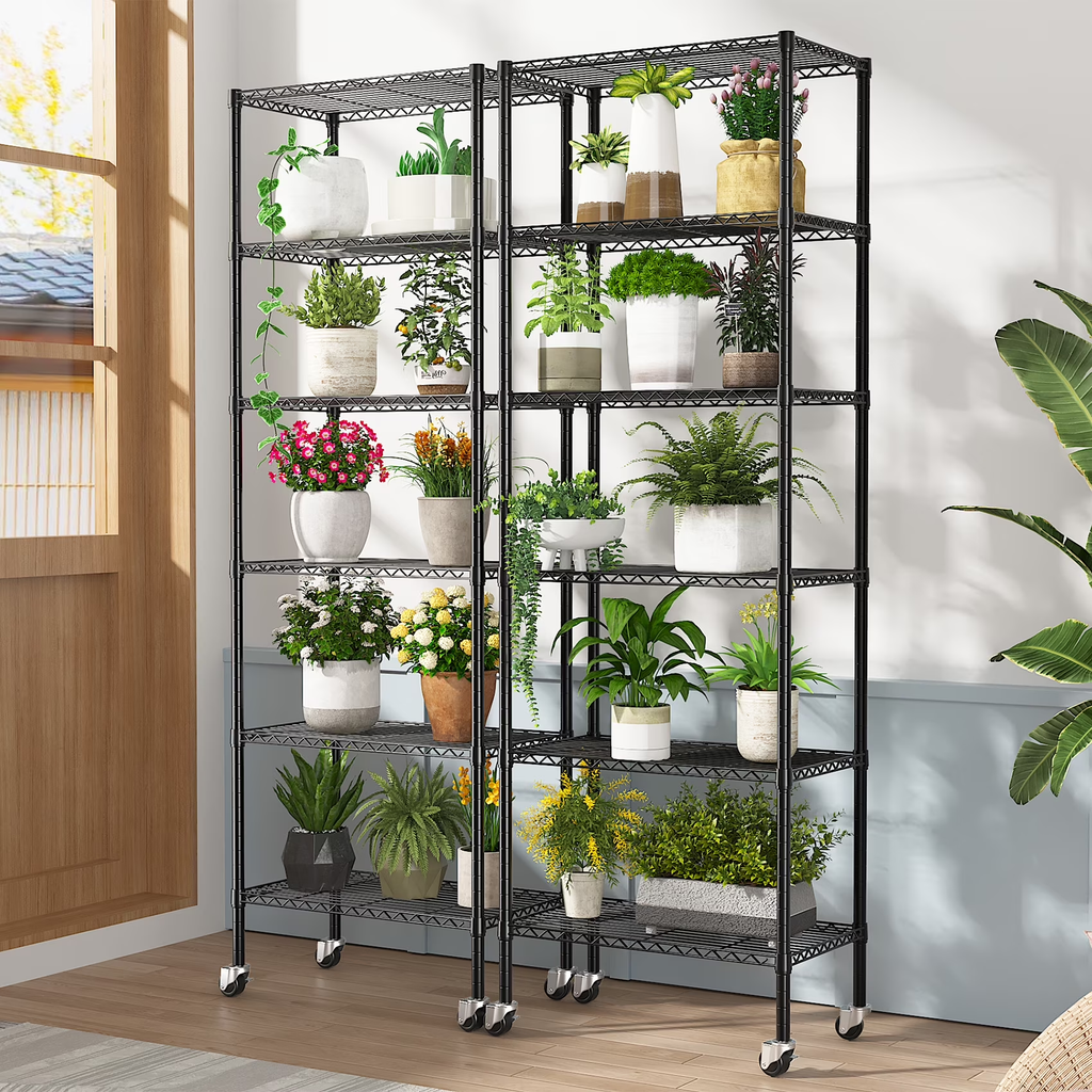 6-Shelf Adjustable Space-Saving Design Wire Shelving with Wheels, 750lbs Heavy Duty Metal Shelves, Powder-Coated Steel Storage Shelves for Storage, Garage Closet & Kitchen, Black