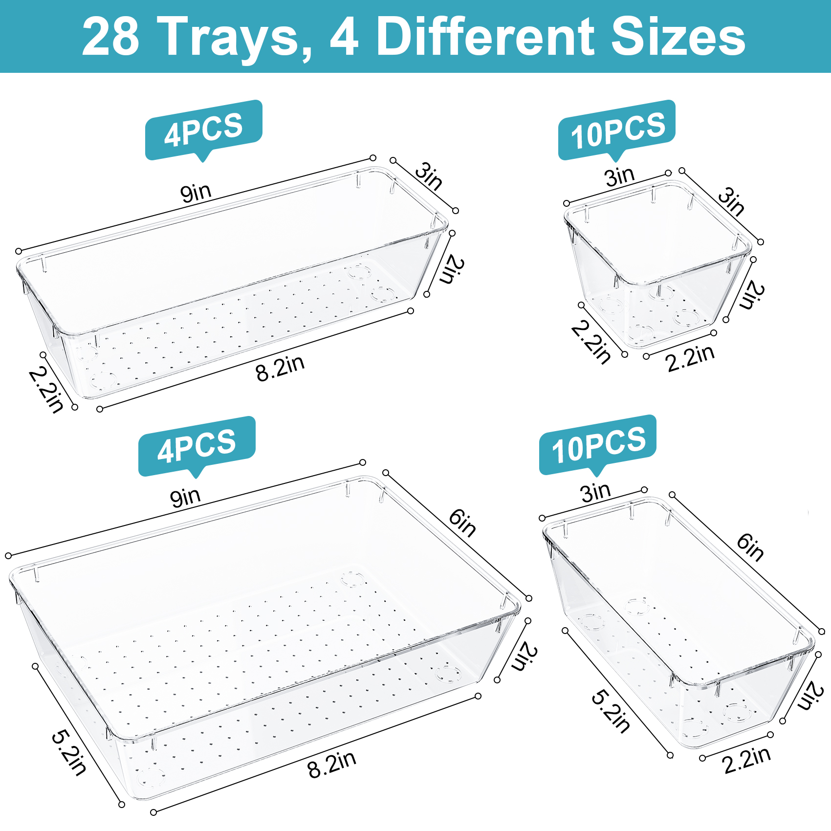 28 PCS Plastic Drawer Organizers Set, 4 Size Clear Vanity Organizer, Stackable Desk Organizers for Cosmetics, Jewelry, Utensils, Pencils in Bedroom, Bathroom, Kitchen