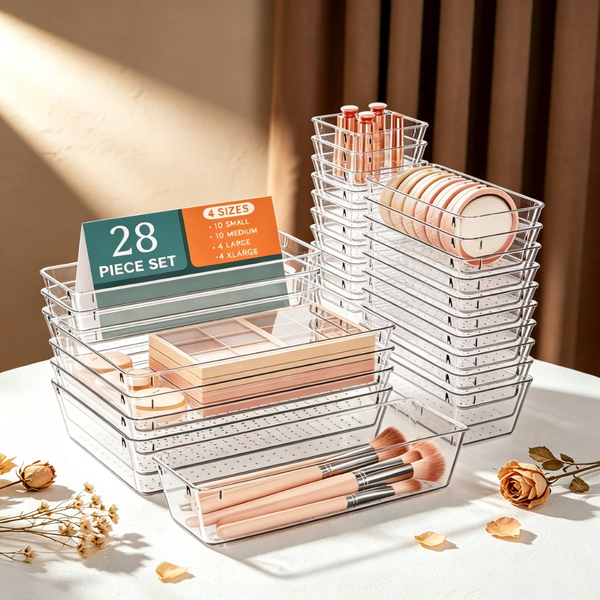 28 PCS Plastic Drawer Organizers Set, 4 Size Clear Vanity Organizer, Stackable Desk Organizers for Cosmetics, Jewelry, Utensils, Pencils in Bedroom, Bathroom, Kitchen