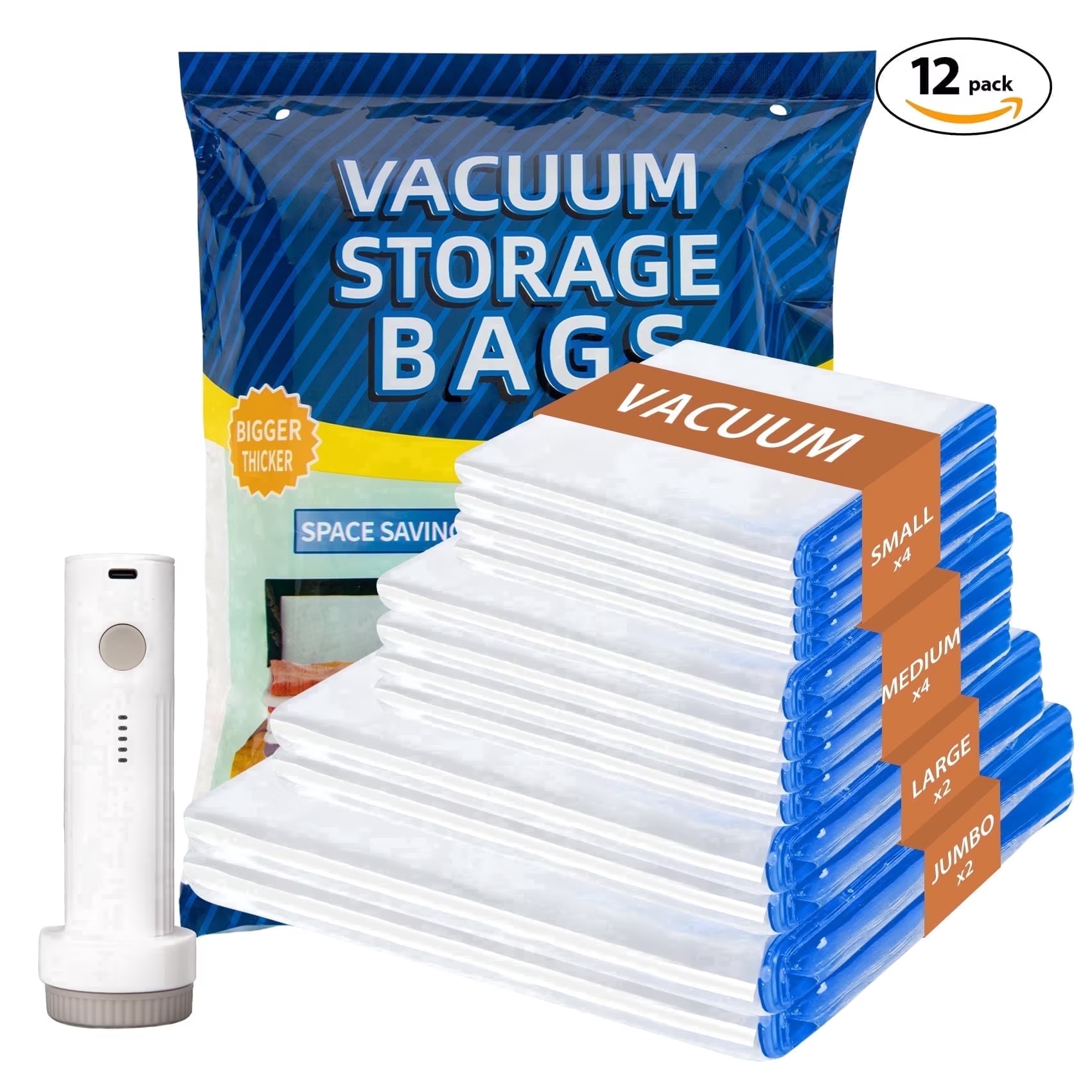 12 Pack Vacuum Storage Bags with Electric Pump, Space Saver Vacuum Seal Bags for Clothes, Comforters, Blankets, Bedding (2XL/2L/4M/4S)
