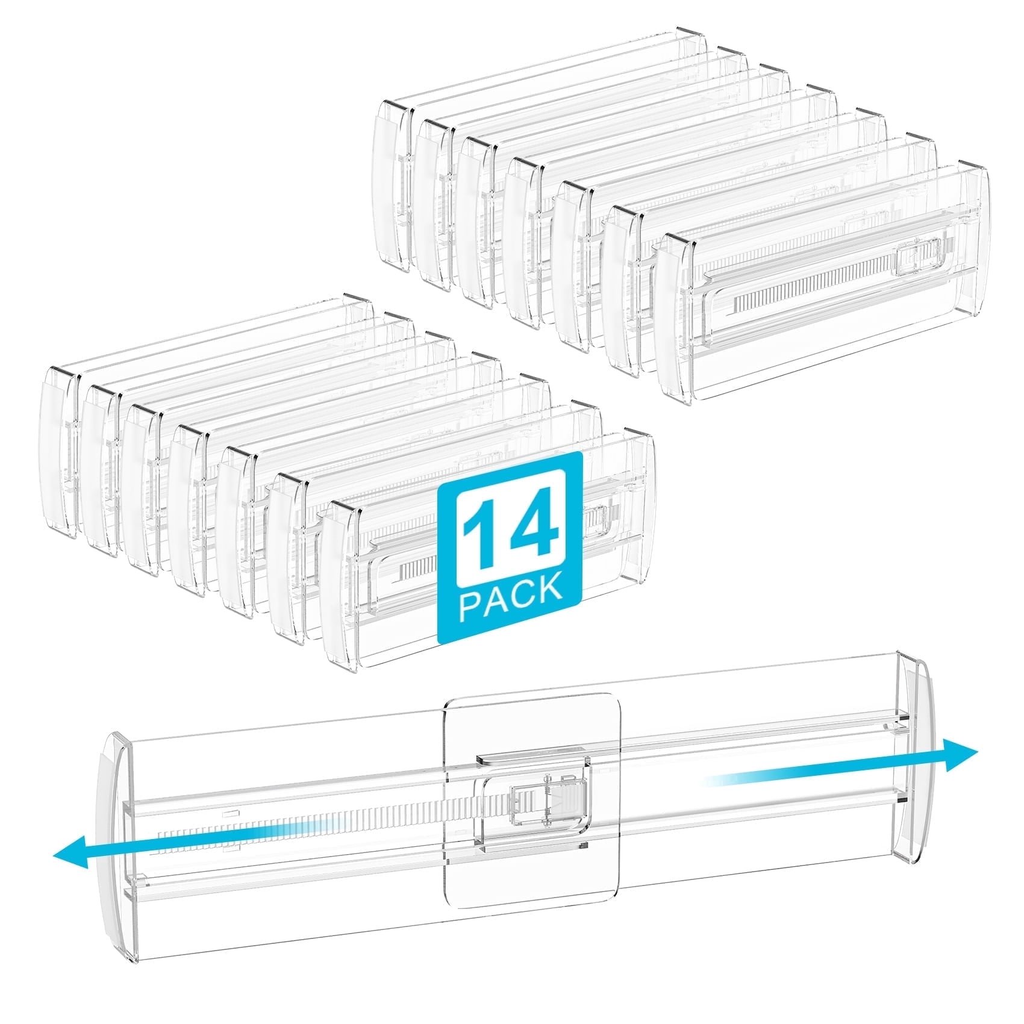 14 Pack Adjustable Drawer Dividers, 4" High Expandable from 10.2"-16.6" Plastic Separators for Kitchen, Bedroom, Closet and Office Storage Organizer
