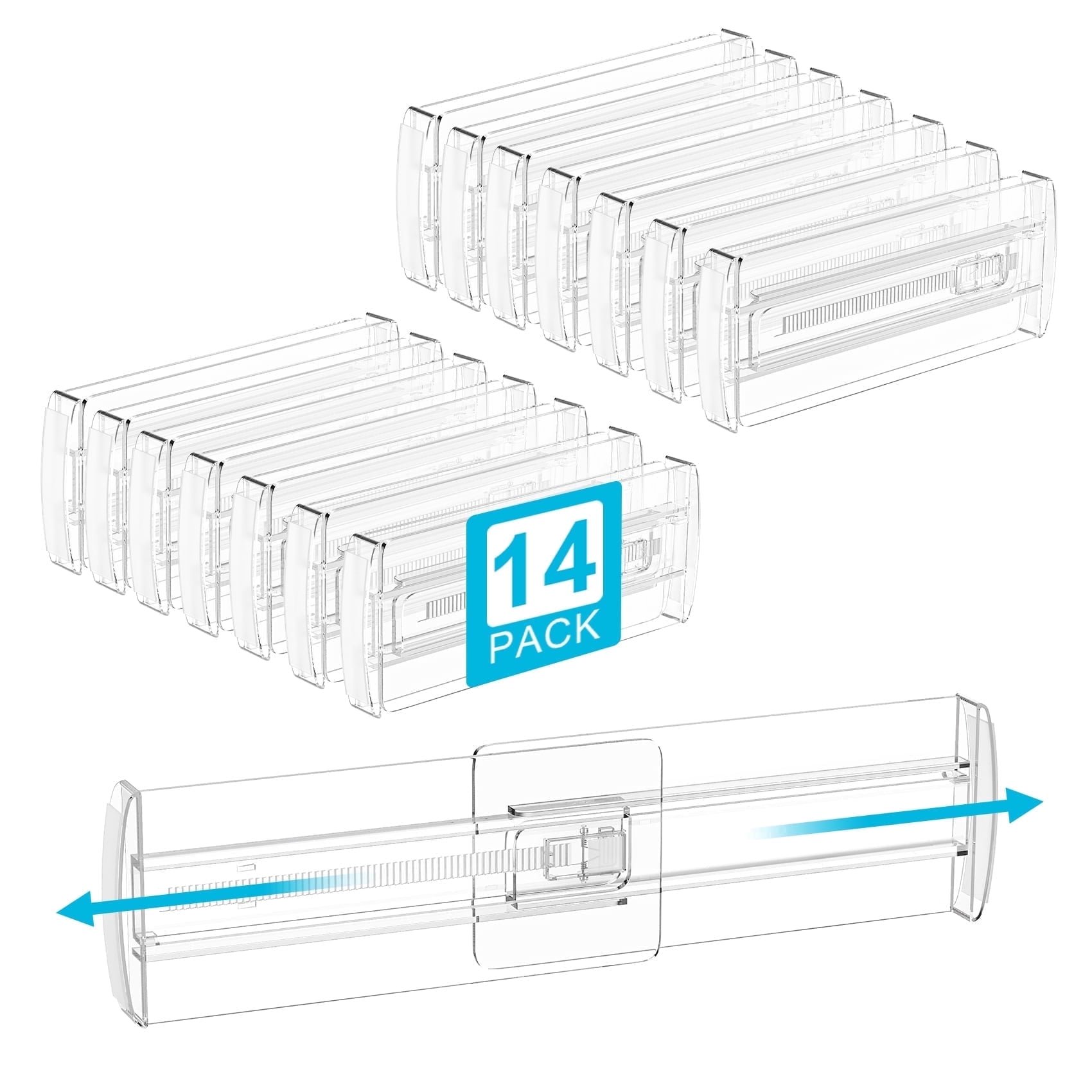14 Pack Adjustable Drawer Dividers, 4" High Expandable from 10.2"-16.6" Plastic Separators for Kitchen, Bedroom, Closet and Office Storage Organizer