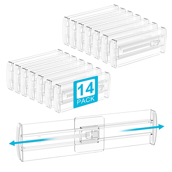 14 Pack Adjustable Drawer Dividers, 4" High Expandable from 10.2"-16.6" Plastic Separators for Kitchen, Bedroom, Closet and Office Storage Organizer