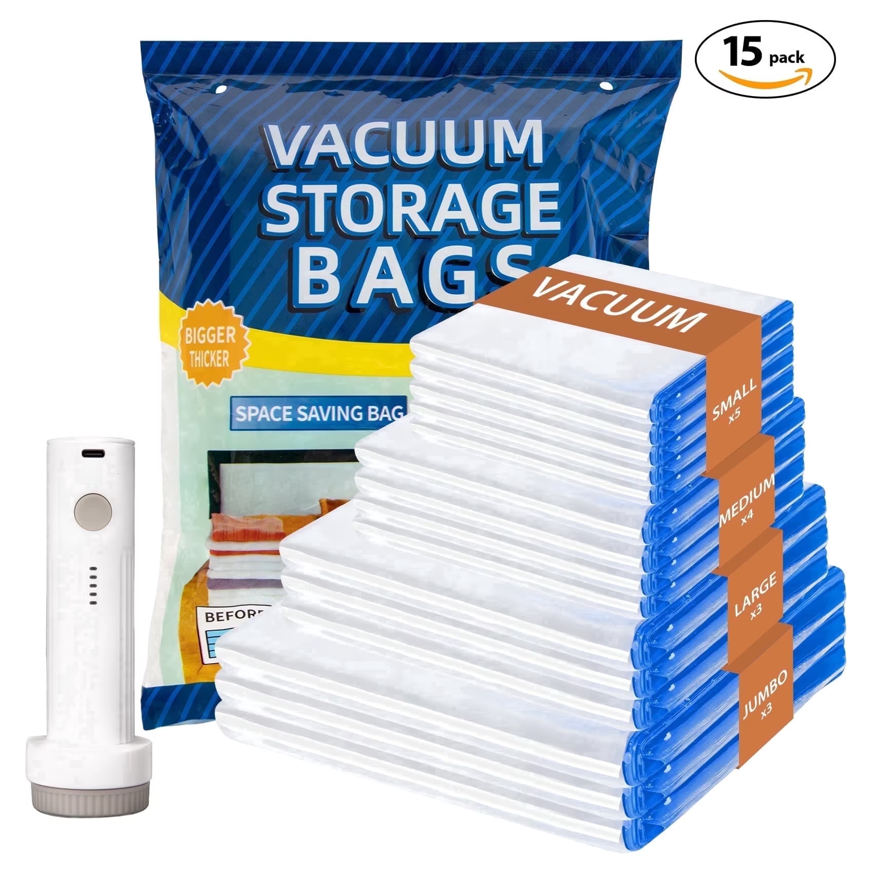 15 Pack Vacuum Storage Bags with Electric Pump, Space Saver Vacuum Seal Bags for Clothes, Comforters, Blankets, Bedding (3XL/3L/4M/5S)