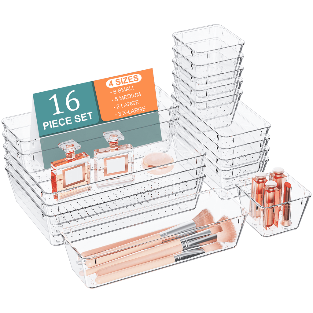 16 PCS Clear Plastic Drawer Organizer Set, 4 Sizes for Kitchen, Bathroom, Bedroom, Makeup, Jewelry, Gadgets, Desk Organizers