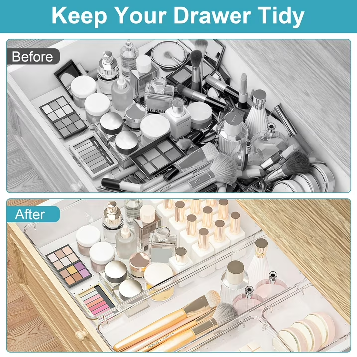 16 PCS Clear Plastic Drawer Organizer Set, 4 Sizes for Kitchen, Bathroom, Bedroom, Makeup, Jewelry, Gadgets, Desk Organizers