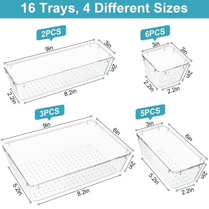 16 PCS Clear Plastic Drawer Organizer Set, 4 Sizes for Kitchen, Bathroom, Bedroom, Makeup, Jewelry, Gadgets, Desk Organizers