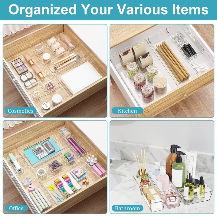 16 PCS Clear Plastic Drawer Organizer Set, 4 Sizes for Kitchen, Bathroom, Bedroom, Makeup, Jewelry, Gadgets, Desk Organizers