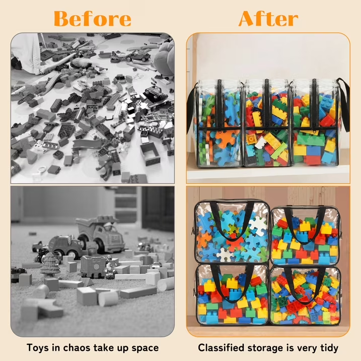 6 Pack Clear Toy Storage Bags with Zipper and Handle, Reusable Totes for Stuffed Storage, Portable Toy Organizer for Lego Bricks, Board Games, Building Blocks, Puzzles