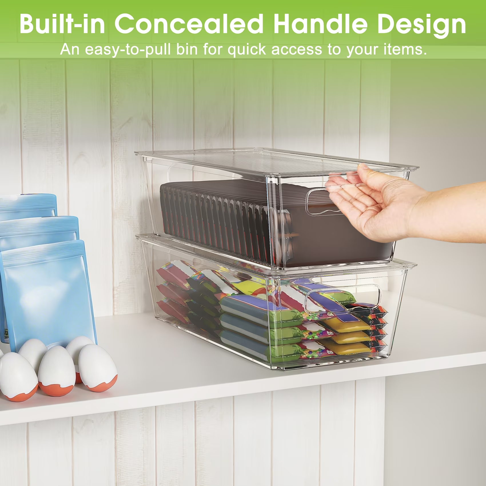 6 Pack Large Clear Plastic Storage Bins with Handles, Stackable Multi-Purpose Organizer for Pantry, Kitchen, Refrigerator and Closet Organization