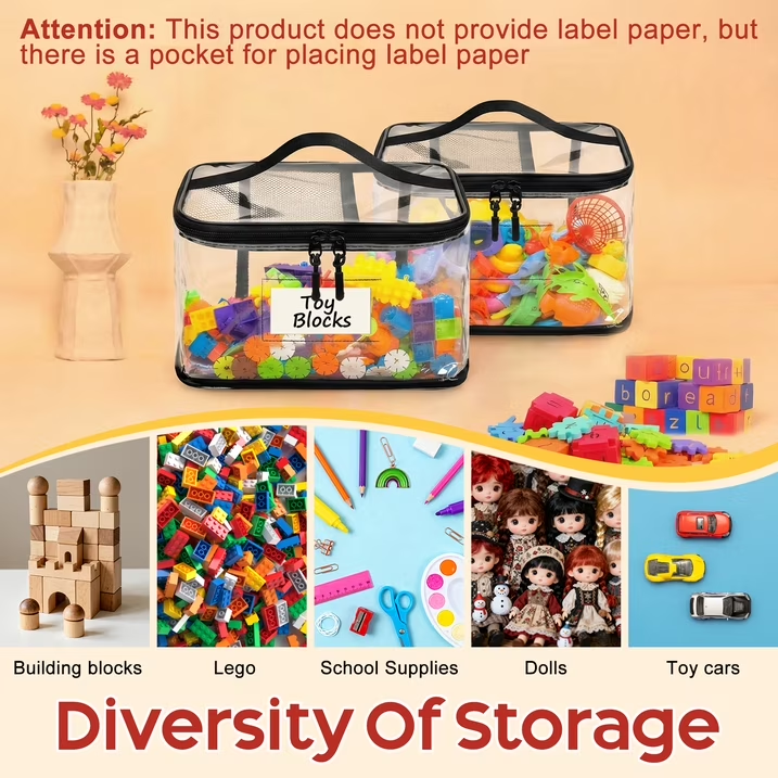 4 Pack Clear Toy Storage Bags with Name Tag, Totes for Doll Storage, Reusable Toy Organizer for Lego Bricks, Board Games, Building