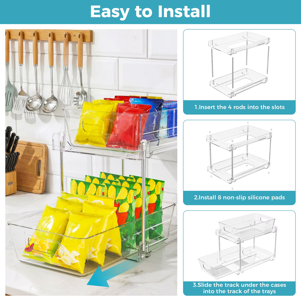 2 Pack Clear Plastic Pull Out Under Sink Organizer and Storage, 2-Tier Sliding Cabinet Drawer Bins for Bathroom, Kitchen and Pantry Organization