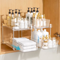 2 Pack Clear Plastic Pull Out Under Sink Organizer and Storage, 2-Tier Sliding Cabinet Drawer Bins for Bathroom, Kitchen and Pantry Organization