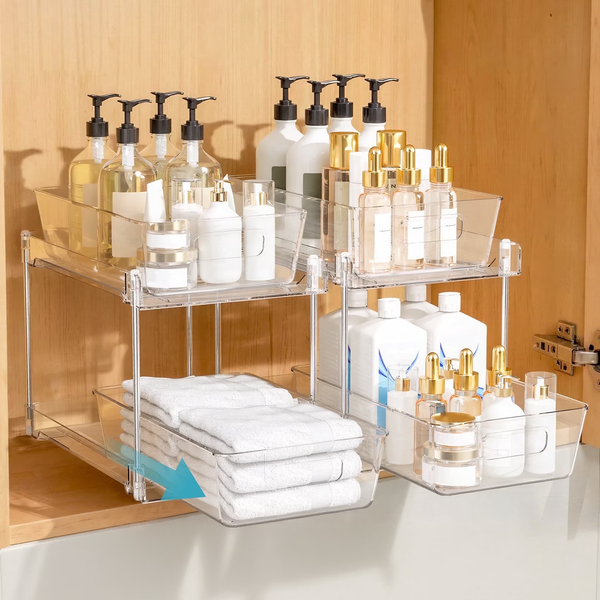 2 Pack Clear Plastic Pull Out Under Sink Organizer and Storage, 2-Tier Sliding Cabinet Drawer Bins for Bathroom, Kitchen and Pantry Organization