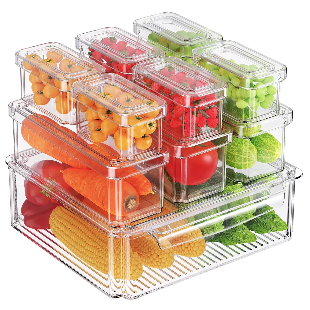 10 Pack Clear Fridge Storage Bins with Lids, Stackable Food Containers with Curved Handle, Kitchen Produce Saver for Fruits, Vegetables and Meat