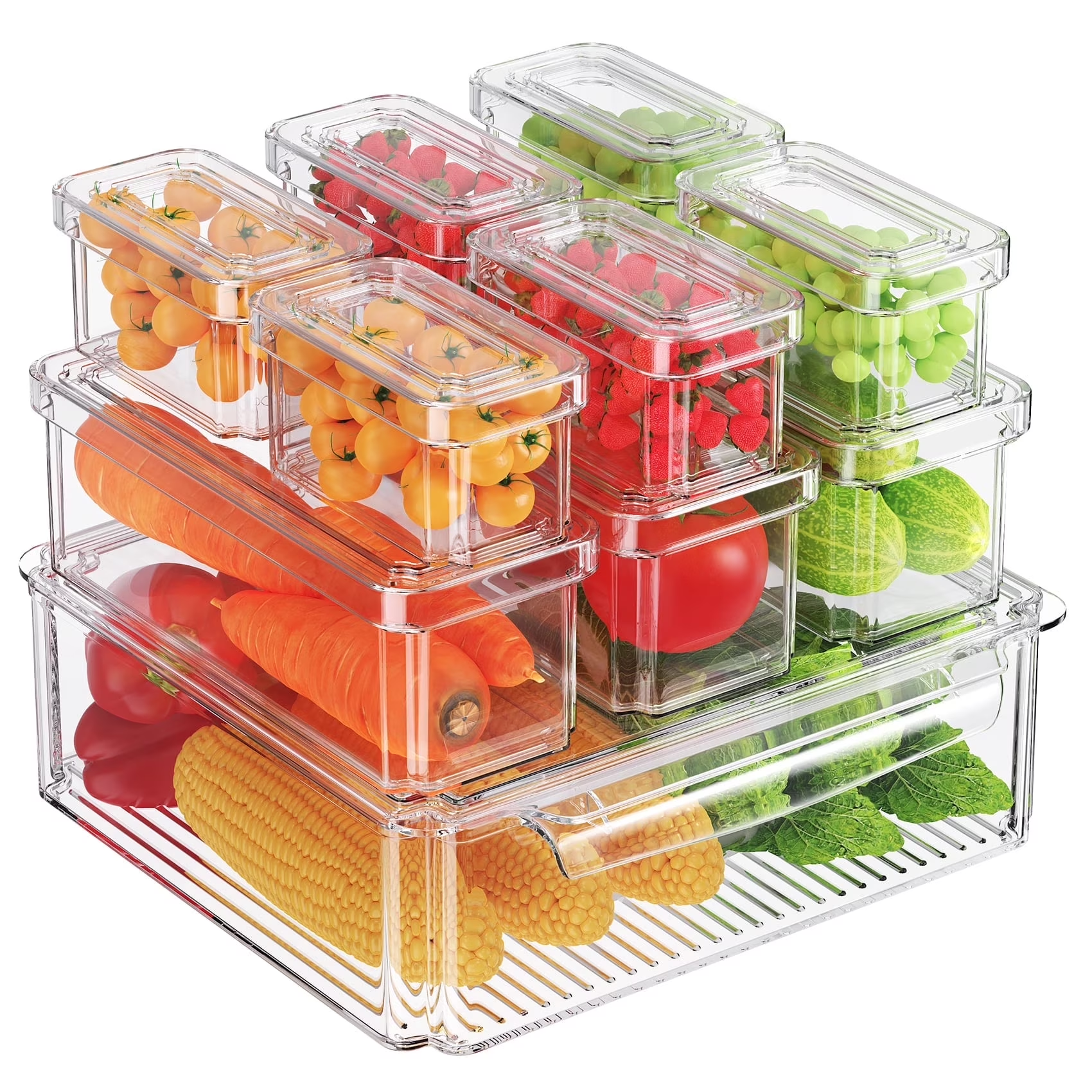 10 Pack Clear Fridge Storage Bins with Lids, Stackable Food Containers with Curved Handle, Kitchen Produce Saver for Fruits, Vegetables and Meat