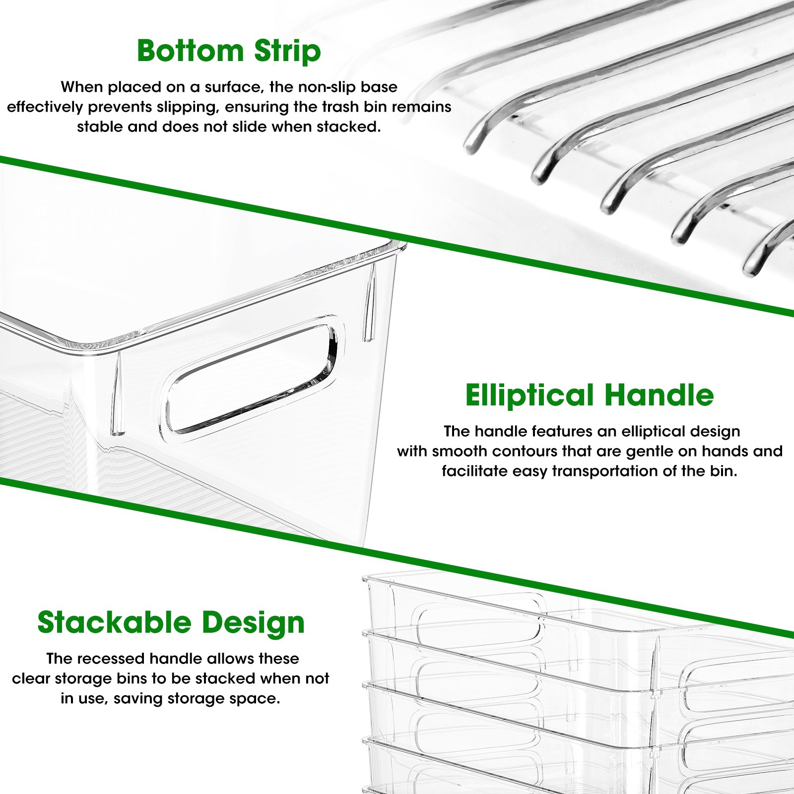 8 Pack Large Clear Plastic Storage Bins with Handles, Stackable Organizer Bins for Fridge, Pantry, Kitchen, Non-Slip Bottom Storage Containers