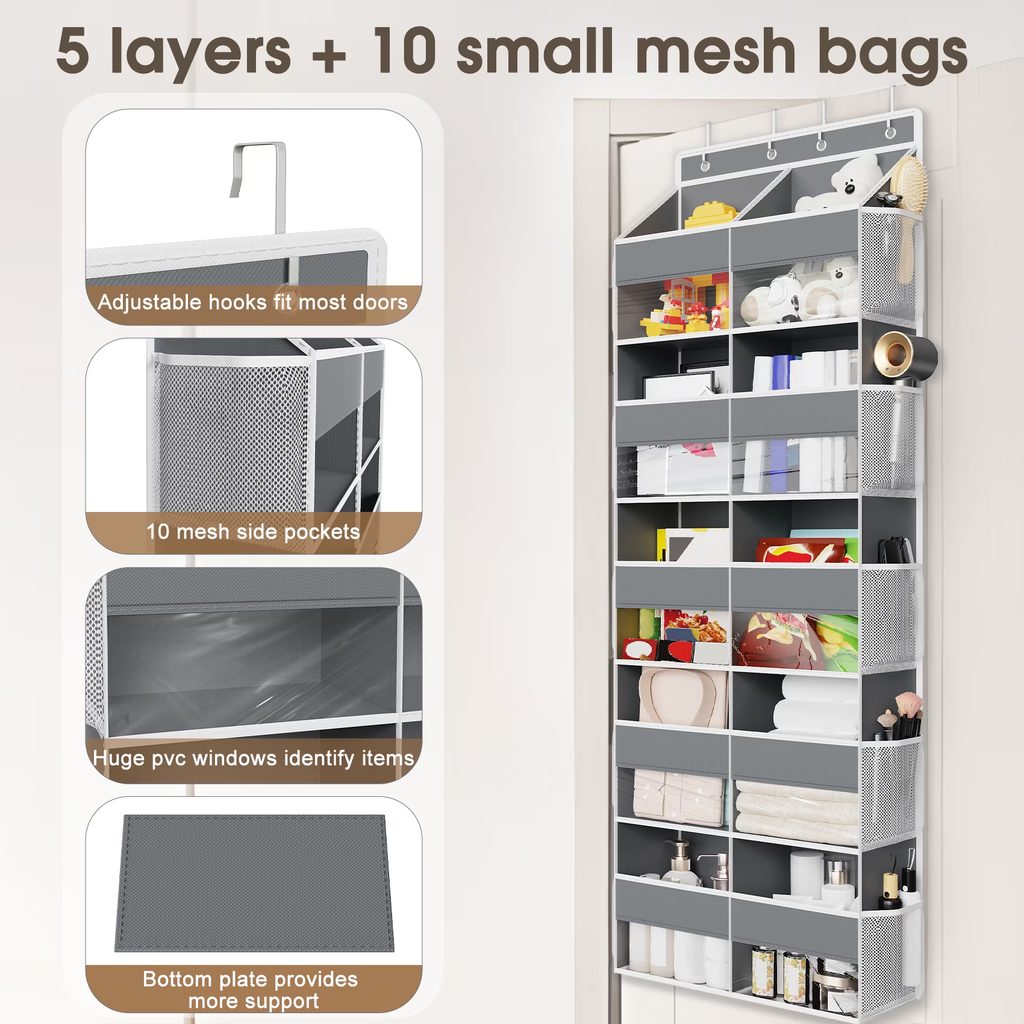 5 Tier Over The Door Organizer Storage, 10 Compartments & 10 Mesh Pockets, 88lbs Heavy Duty Hanging Storage Organizer for Shoes Clothes Snacks