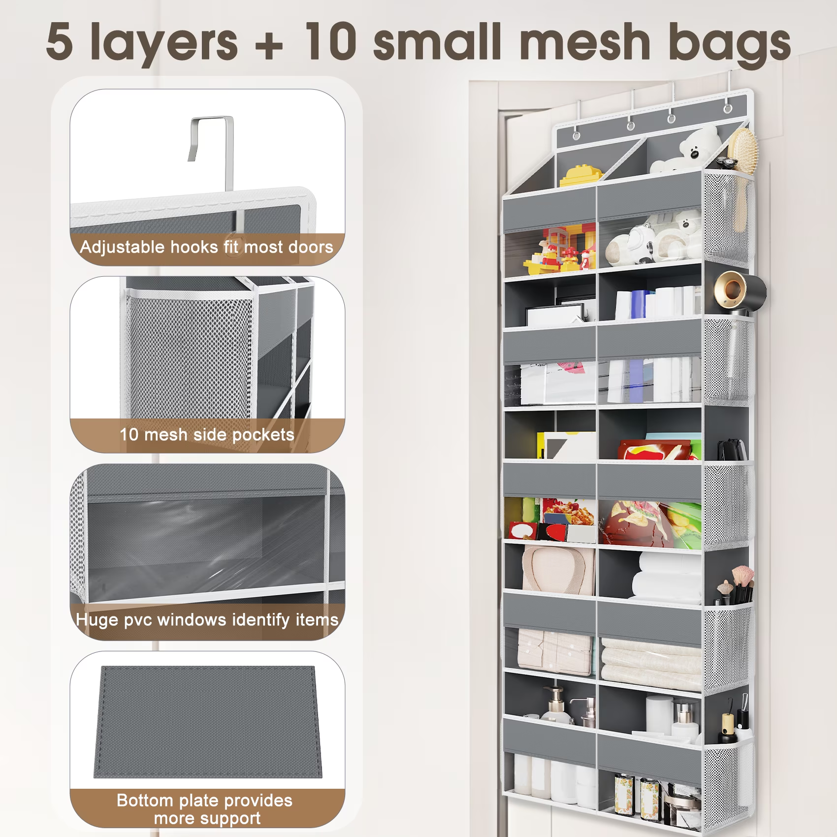 5 Tier Over The Door Organizer Storage, 10 Compartments & 10 Mesh Pockets, 88lbs Heavy Duty Hanging Storage Organizer for Shoes Clothes Snacks