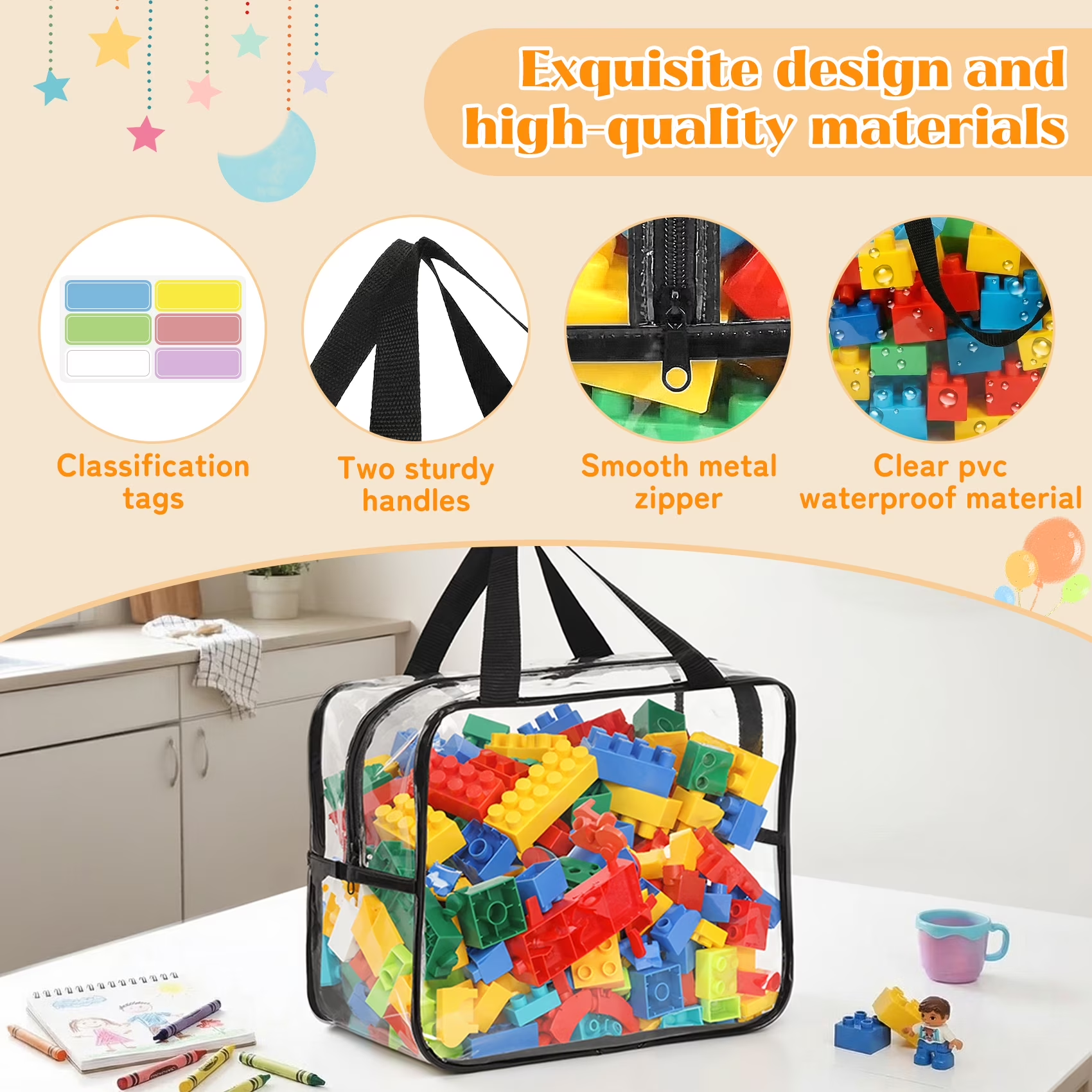 6 Pack Clear Toy Storage Bags with Zipper and Handle, Reusable Totes for Stuffed Storage, Portable Toy Organizer for Lego Bricks, Board Games, Building Blocks, Puzzles