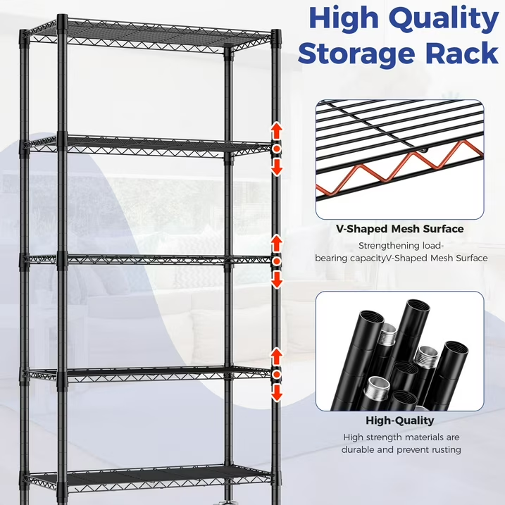 2 pack 5-Tier Adjustable Storage Shelves Metal Shelving Heavy Duty Steel Wire Rack Organizer for Kitchen, Bathroom, Garage, 14"D x 30"W x 60"H Wire Shelving Unit, Black