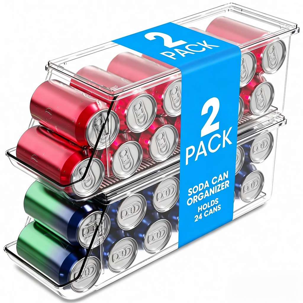2 Pack Stackable Soda Can Organizer with Lids, Refrigerator Organizers and Storage, Clear Organizers for Pantry, Freezer, Kitchen – Holds 12 Cans Each