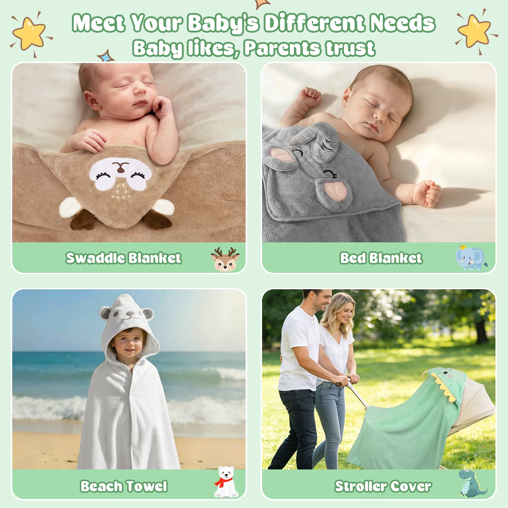 16 Pcs Baby Towels, 4 Pcs Soft Hooded Towels & 12 Pcs Washcloths, Baby Bath Towels for Newborns, Infants & Toddlers- Ultra Absorbent, Cute Towel Gift for Boys