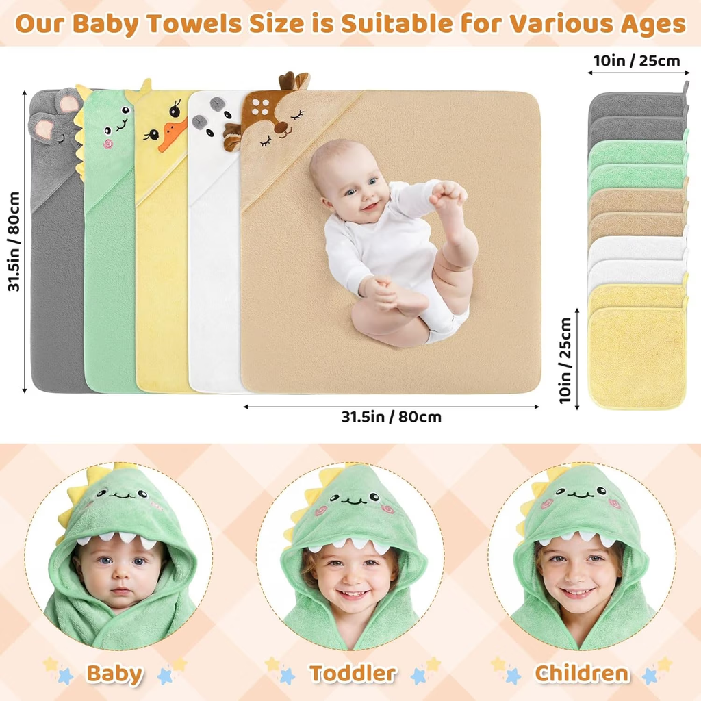 15 Pcs Baby Bath Towels Set for Infants Toddlers, 5P Animal Hooded Baby Towels & 10P Washcloths Set, Ultra Absorbent Cute Soft Newborn Bath Essentials Gifts for Boys & Girls