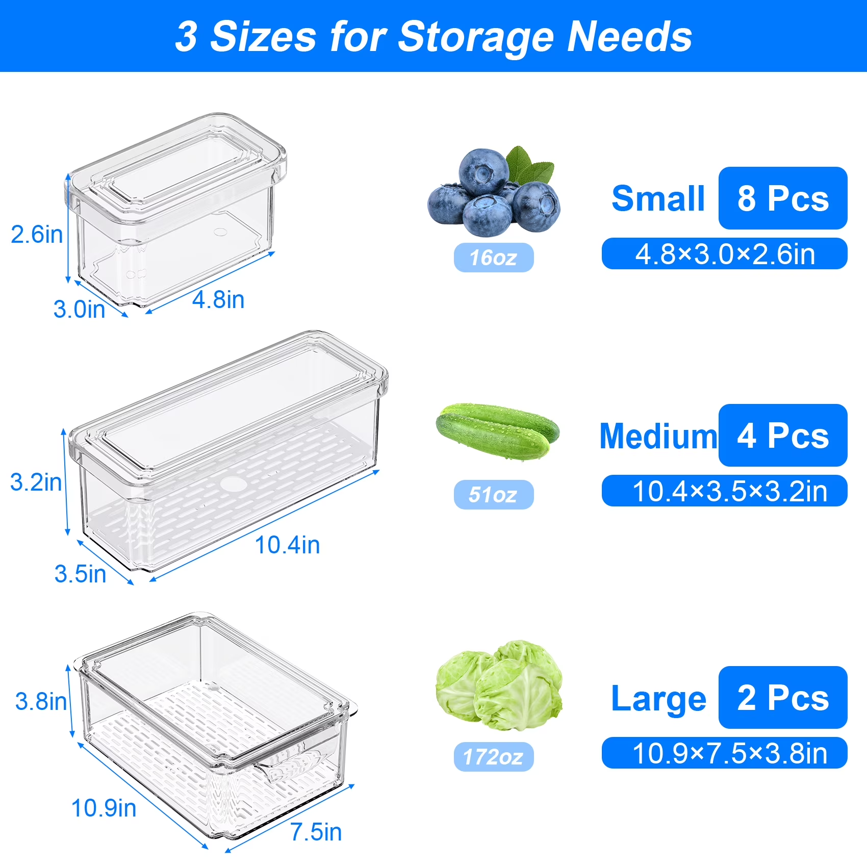 14 Pack Clear Fridge Organizers with Lids, Stackable Food Storage Containers with Drain Board, Kitchen Produce Saver for Fruit, Vegetable and Meat