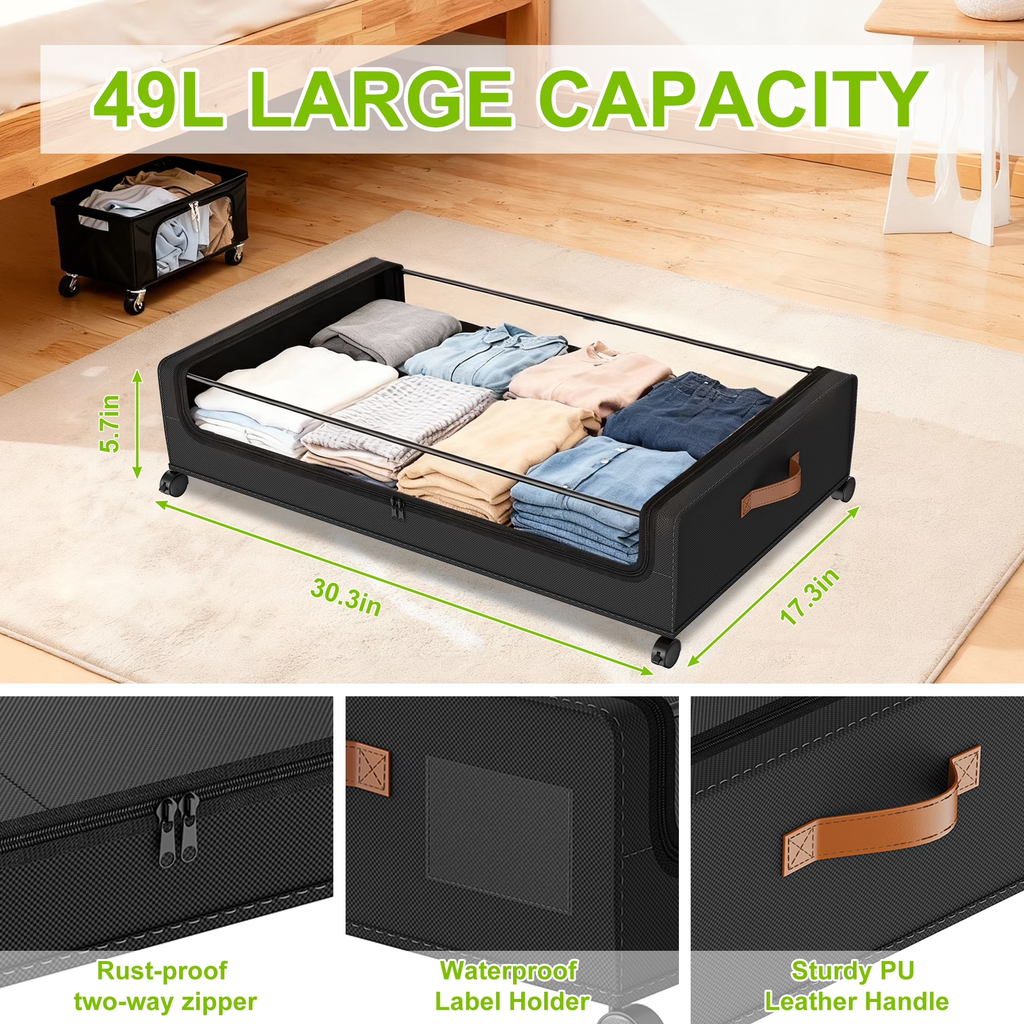 2 Pack Large Capacity Under Bed Storage with Wheels, Collapsible Container with Clear Lid & Label, Storage for Clothes, Shoes, Toys & Bedding