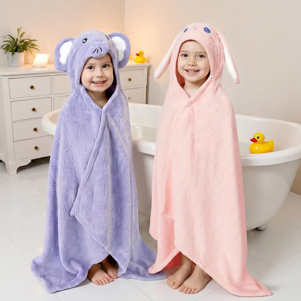 6 Pcs Toddler Bath Towels Set for Boy Girl 0-5 Year, 2P Thick Absorbent Hooded Baby Bath Towels Large 55" x 27.5" & 4P Washcloths, Ultra Soft Gifts for Infant Toddler Kids, Rabbit & Elephant