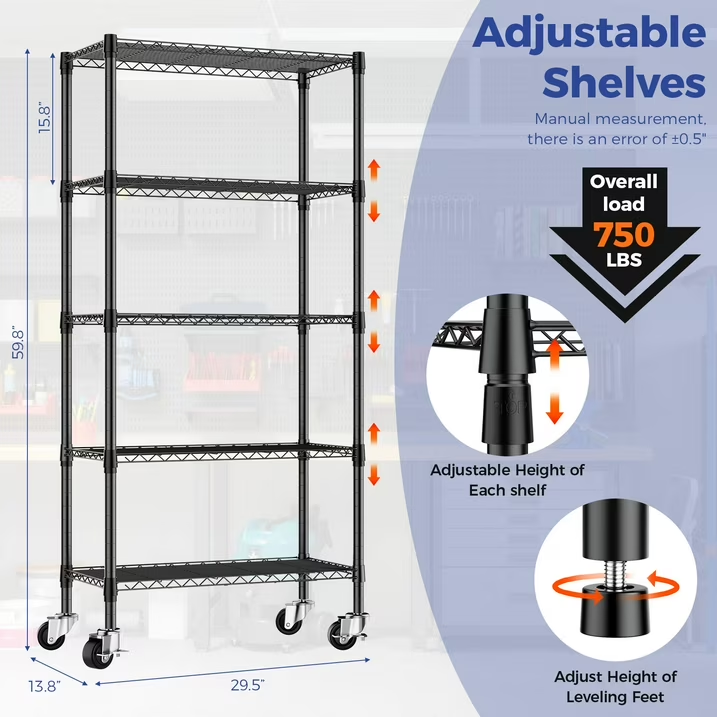 5-Tier Heavy Duty Steel Wire Shelving Unit Adjustable Storage Shelves Metal Shelving Organizer for Kitchen, Bathroom, Garage, 14"D x 30"W x 60"H Wire Rack, Black