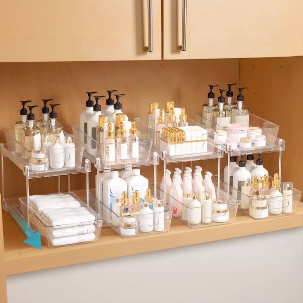 4 Pack Clear Pull Out Under Sink Organizer and Storage Bins, 2-Tier Sliding Cabinet Drawer Container for Kitchen, Bathroom and Pantry Organization