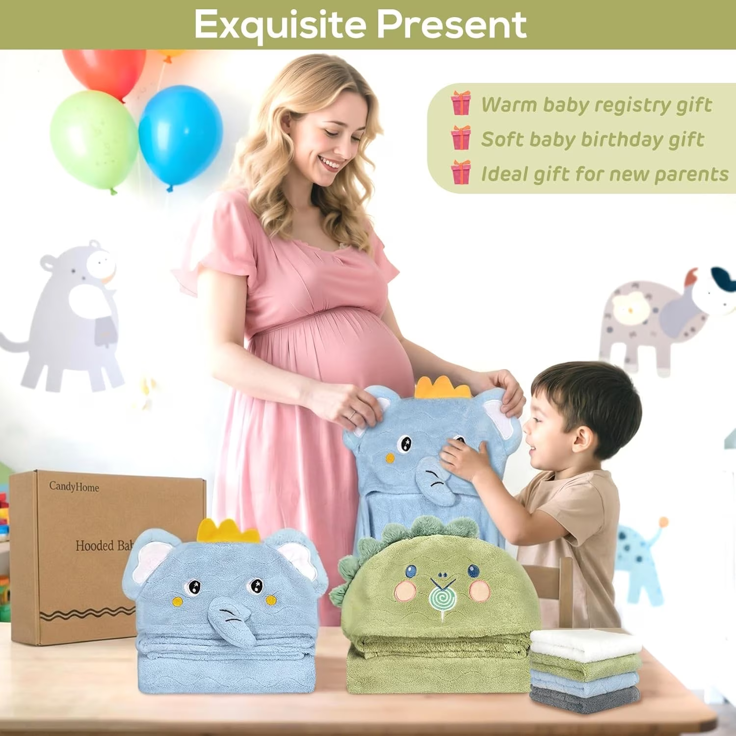6 Pcs Toddler Bath Towel Set for Boy Girl 0-5 Year, 2 Thick Absorbent Hooded Baby Bath Towels Large 55" x 27.5" & 4 Washcloths, Gifts for Infant, Toddler, Kids, Dinosaur & Elephant