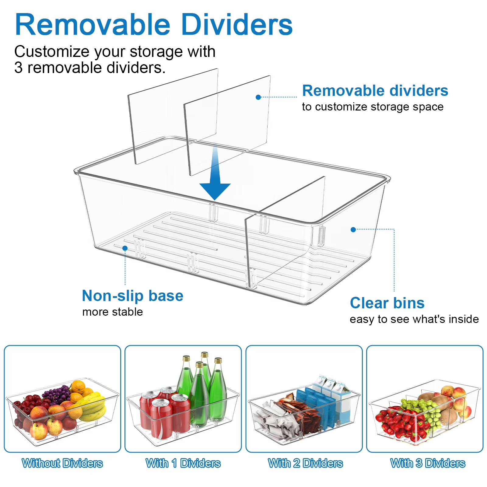 6 Pack Clear Plastic 4-Compartment Food Storage Bins, Pantry Organizer for Snacks, Fruits, Vegetables, Tea Bags and Spice Packets