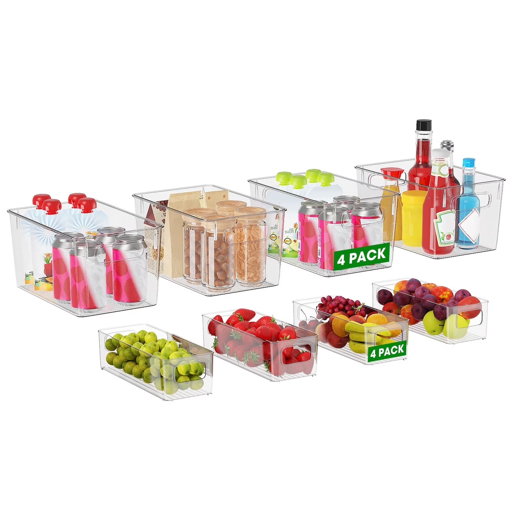 8 Pack Clear Plastic Storage Bins with Handles, 4 Large & 4 Small Stackable Organizer Bins for Fridge, Pantry, Kitchen, Non-Slip Bottom