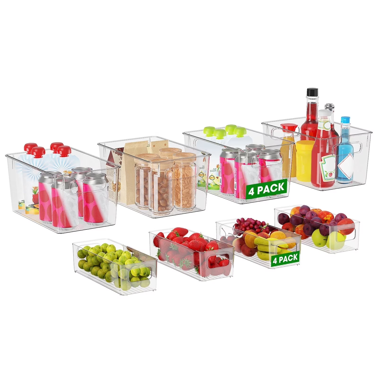 8 Pack Clear Plastic Storage Bins with Handles, 4 Large & 4 Small Stackable Organizer Bins for Fridge, Pantry, Kitchen, Non-Slip Bottom