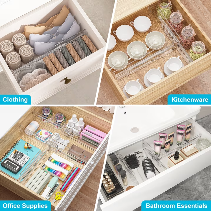 14 Pack Adjustable Drawer Dividers, 4" High Expandable from 10.2"-16.6" Plastic Separators for Kitchen, Bedroom, Closet and Office Storage Organizer
