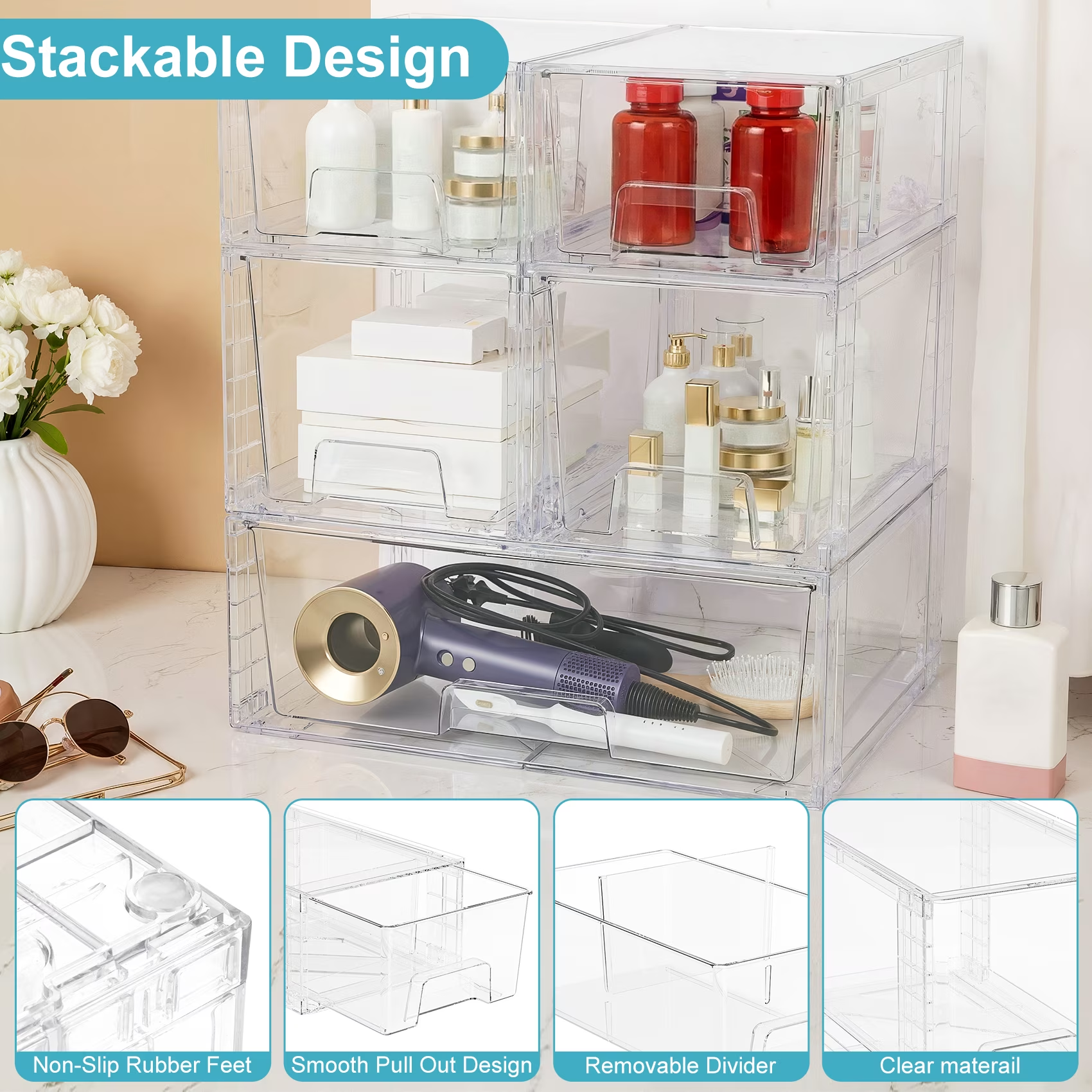 5 Pack Stackable Drawers Storage, Clear Organizer Bins Transparent Storage Containers, Bathroom Kitchen Makeup Countertop Cabinet Under-Sink Organization