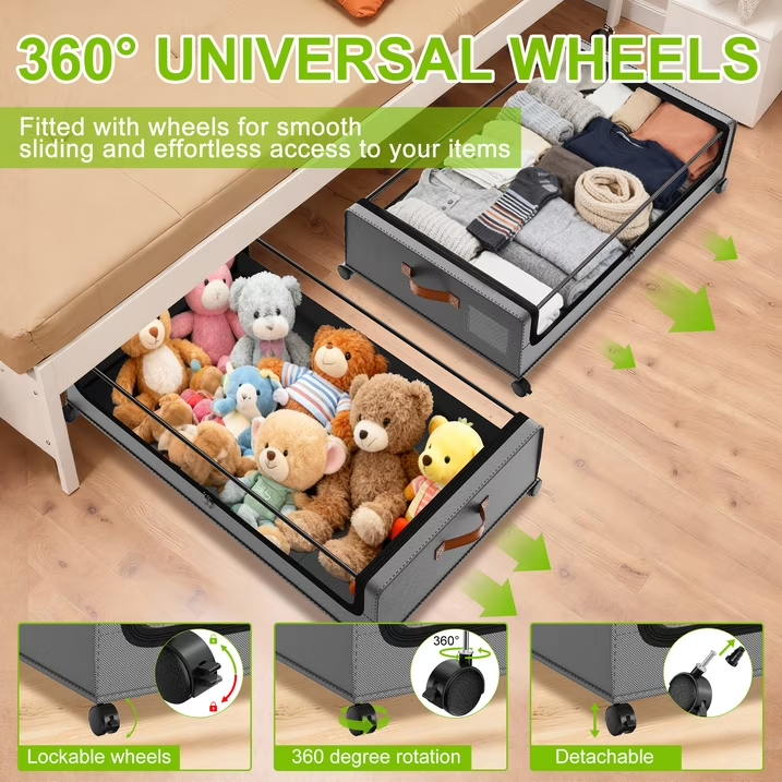 2 Pack Rolling Metal Under Bed Storage with Wheels, Collapsible Container with Clear Lid & Label, Large Capacity for Clothes, Shoes, Toys & Bedding