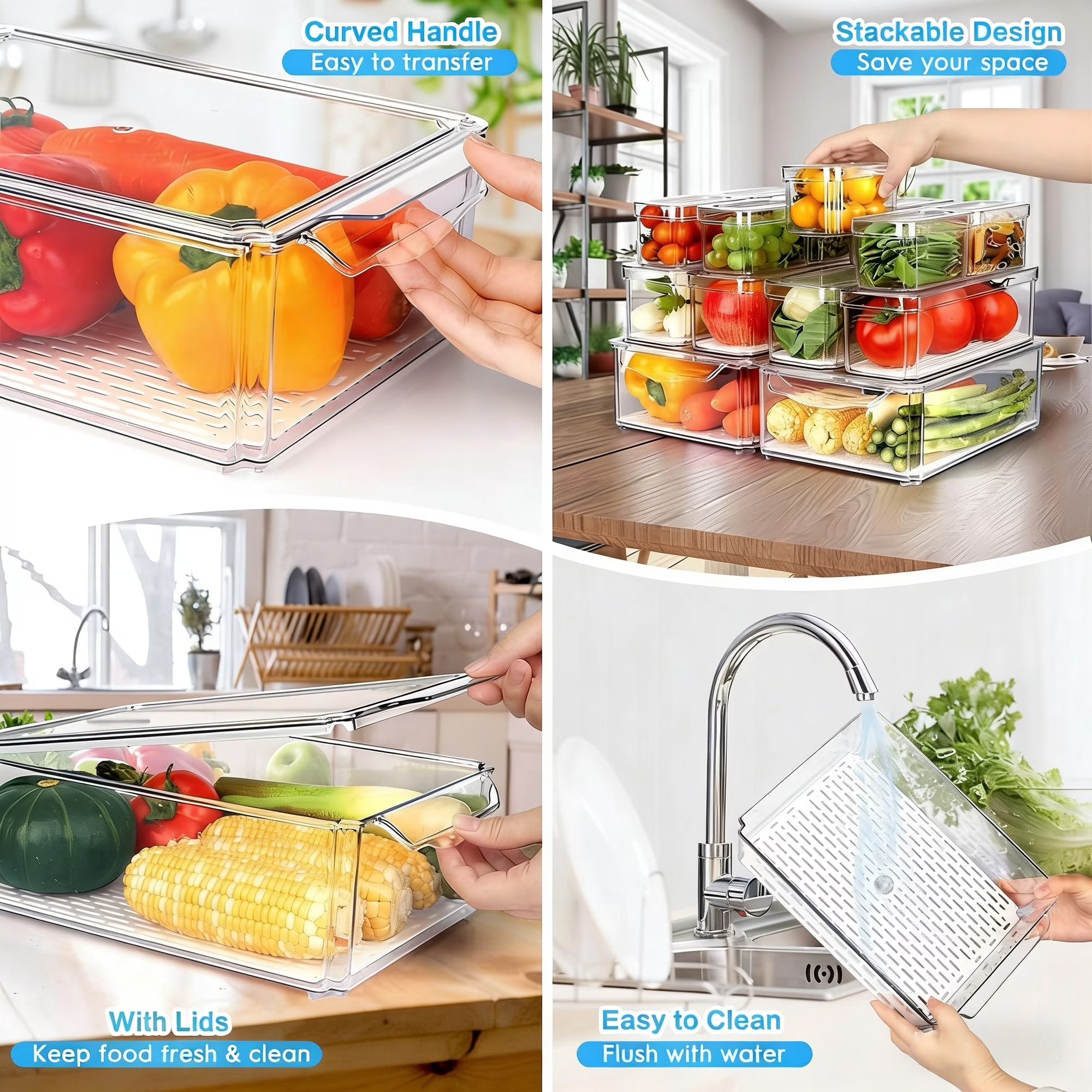 14 Pack Clear Fridge Organizers with Lids, Stackable Food Storage Containers with Drain Board, Kitchen Produce Saver for Fruit, Vegetable and Meat
