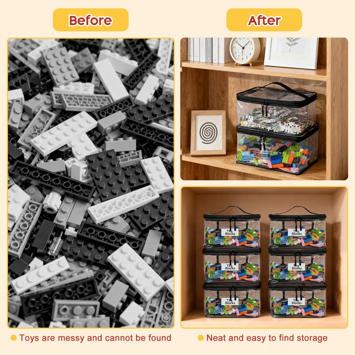 4 Pack Clear Toy Storage Bags with Name Tag, Totes for Doll Storage, Reusable Toy Organizer for Lego Bricks, Board Games, Building