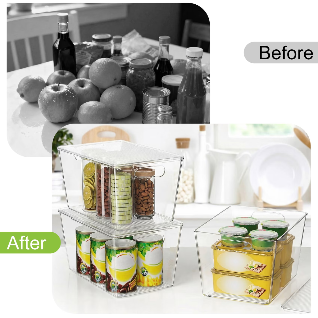 6 Pack Large Clear Plastic Storage Bins with Lids & Handles, Multi-use Pantry Organizer for Kitchen, Cabinet and Closet Home Organization