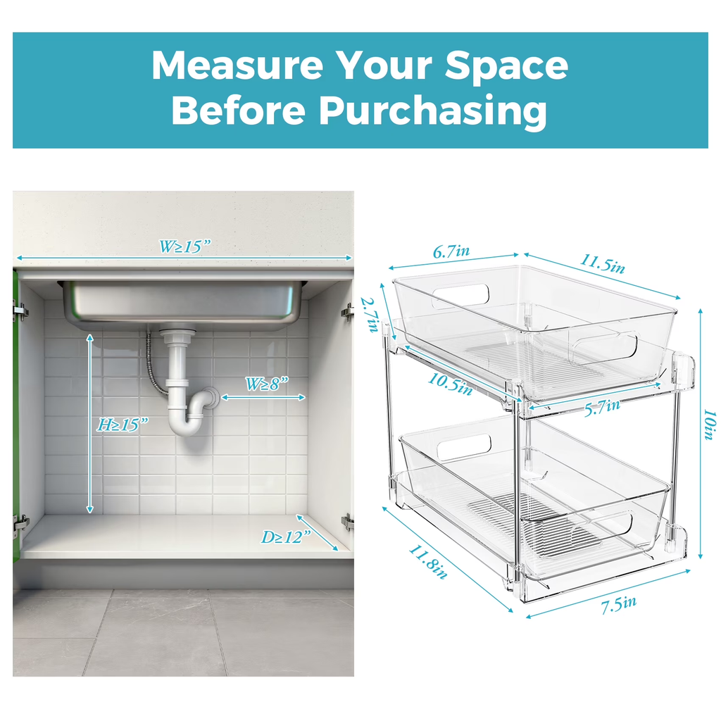2 Pack Clear Plastic Pull Out Under Sink Organizer and Storage, 2-Tier Sliding Cabinet Drawer Bins for Bathroom, Kitchen and Pantry Organization