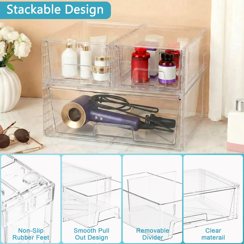 3 Pack Stackable Drawers Storage , Clear Organizer Bins Transparent Storage Containers, Makeup Bathroom Kitchen Countertop Cabinet Under-Sink Organization