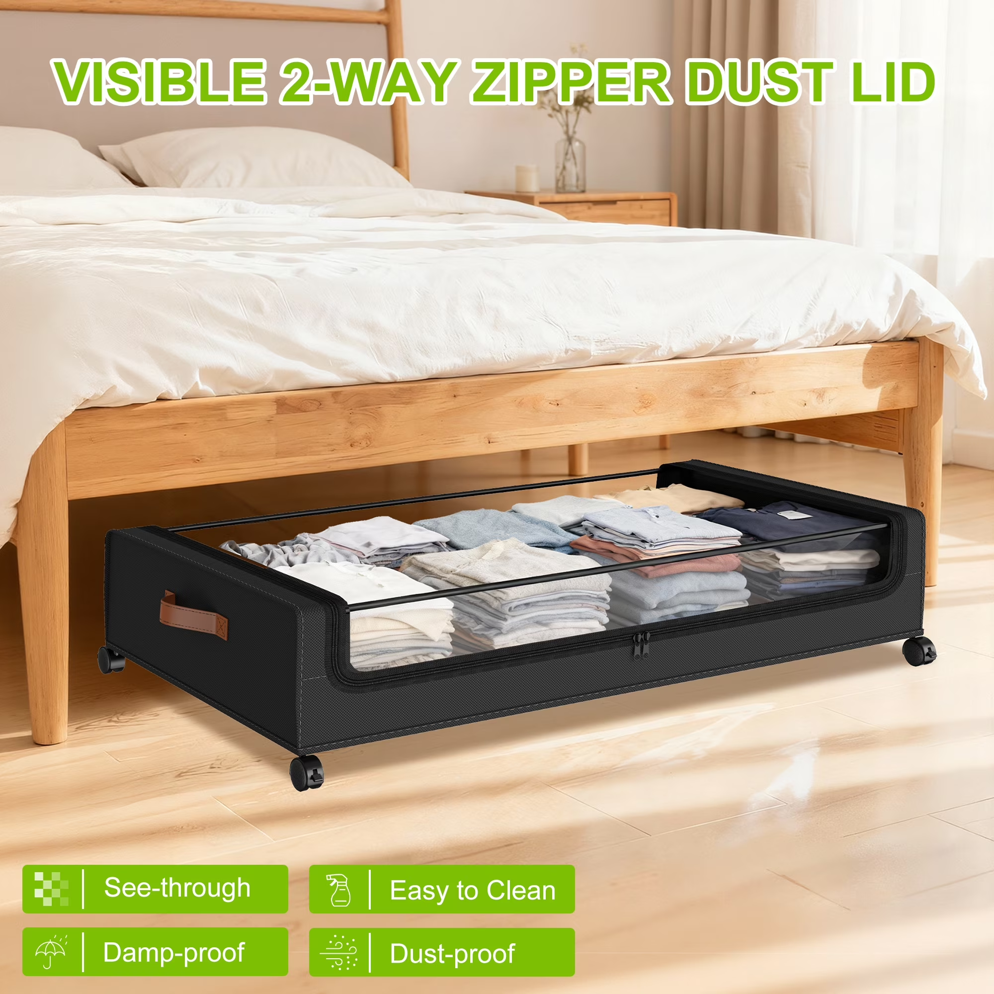 2 Pack Large Capacity Under Bed Storage with Wheels, Collapsible Container with Clear Lid & Label, Storage for Clothes, Shoes, Toys & Bedding